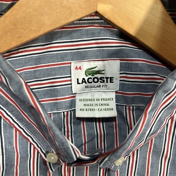 LACOSTE Blue Red and White Striped Oxford Dress Shirt Size 44 - Picture 4 of 4